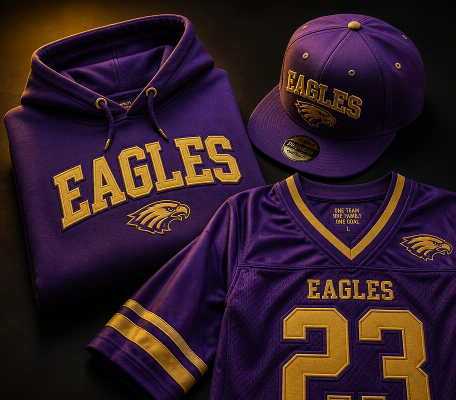 Eagle Legacy purple and gold hoodie, cap and fan jersey